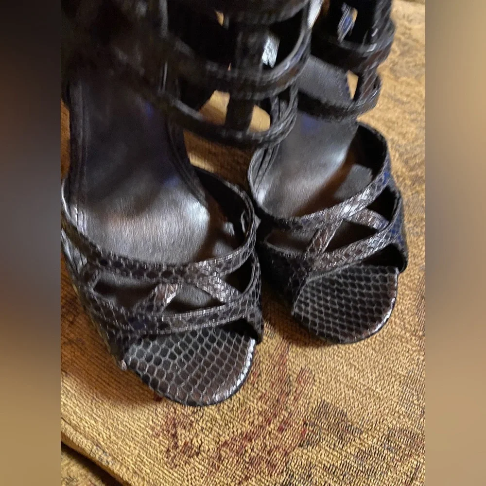 Michael Kors Black Trinity Platform Embossed Leather Strappy Heels platform 9